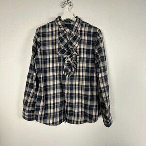 LRL Lauren Ralph Lauren Womens Plaid Ruffle Front Button-Down Shirt Large Navy